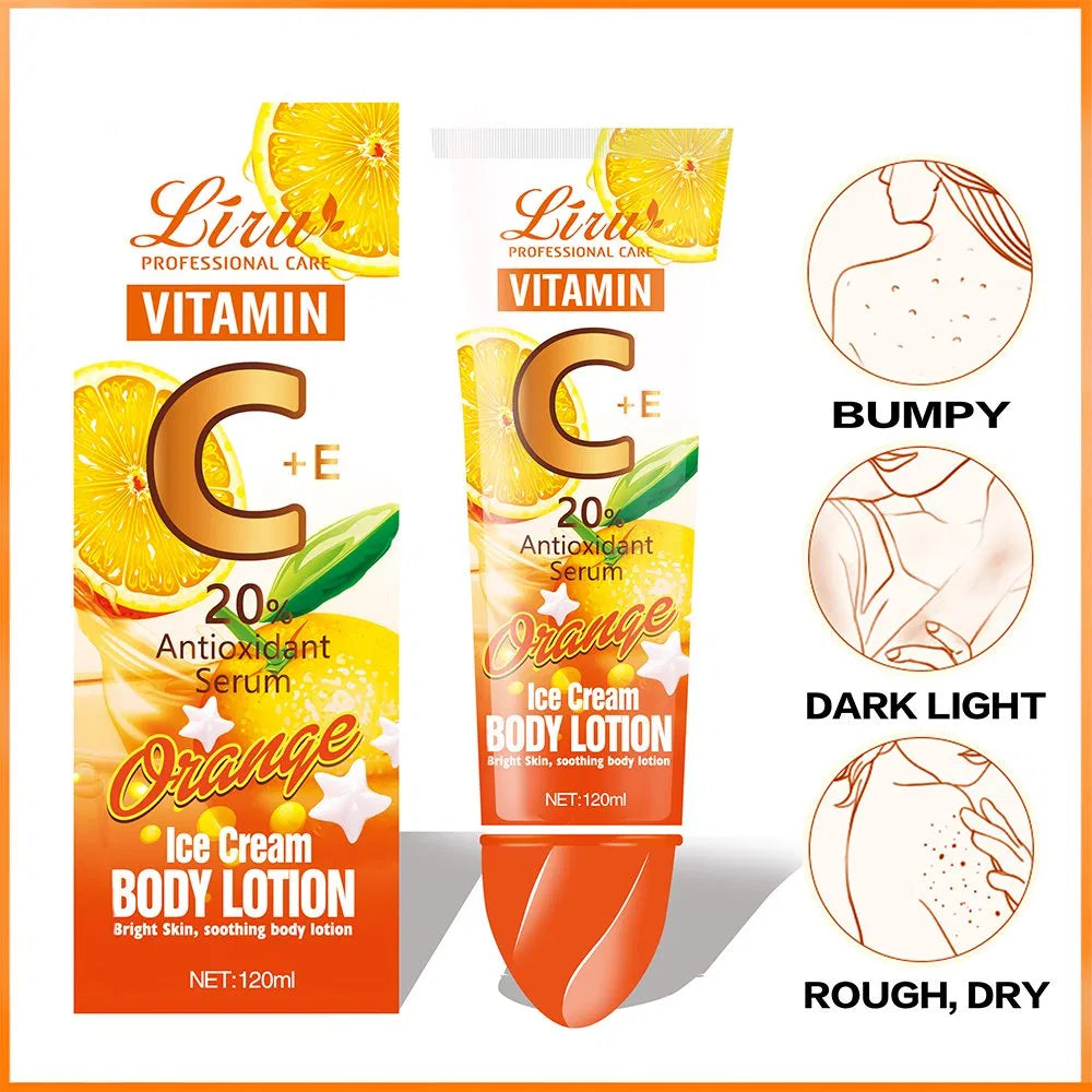 Liru Vitamin C + E 20% Antioxidant Serum Body Lotion – Orange Ice Cream Formula For Bright & Soothing Skin (120ml) – Without Box