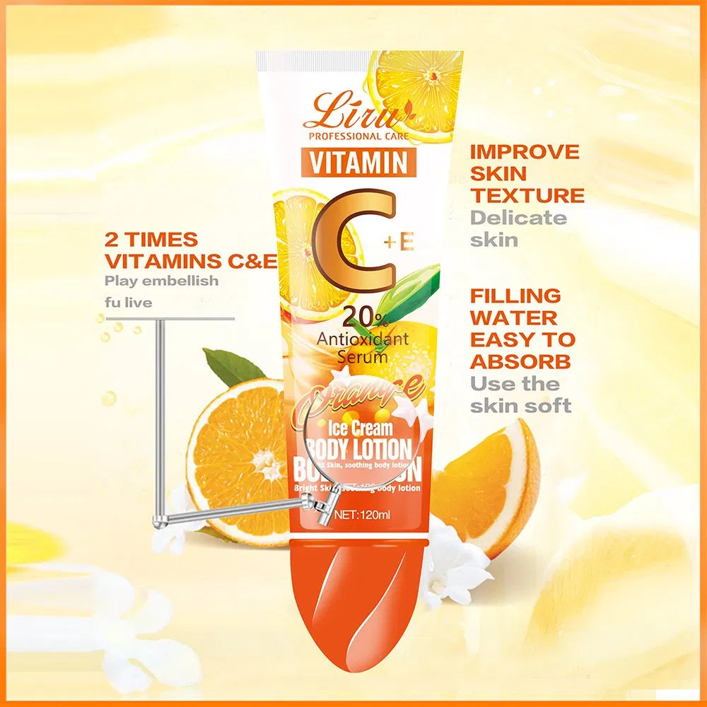 Liru Vitamin C + E 20% Antioxidant Serum Body Lotion – Orange Ice Cream Formula For Bright & Soothing Skin (120ml) – Without Box